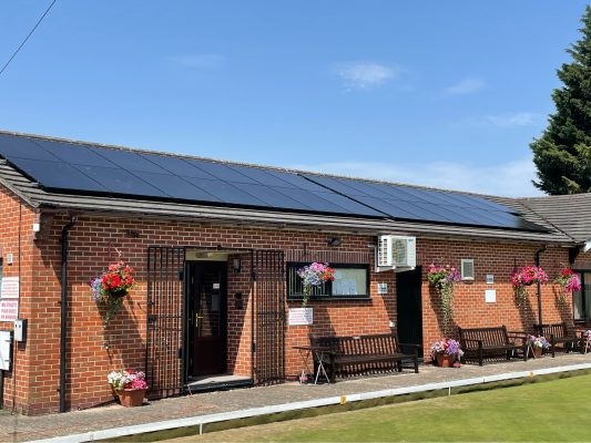 AIKO solar panels installed on the roof of Worcester Bowls Club clubhouse