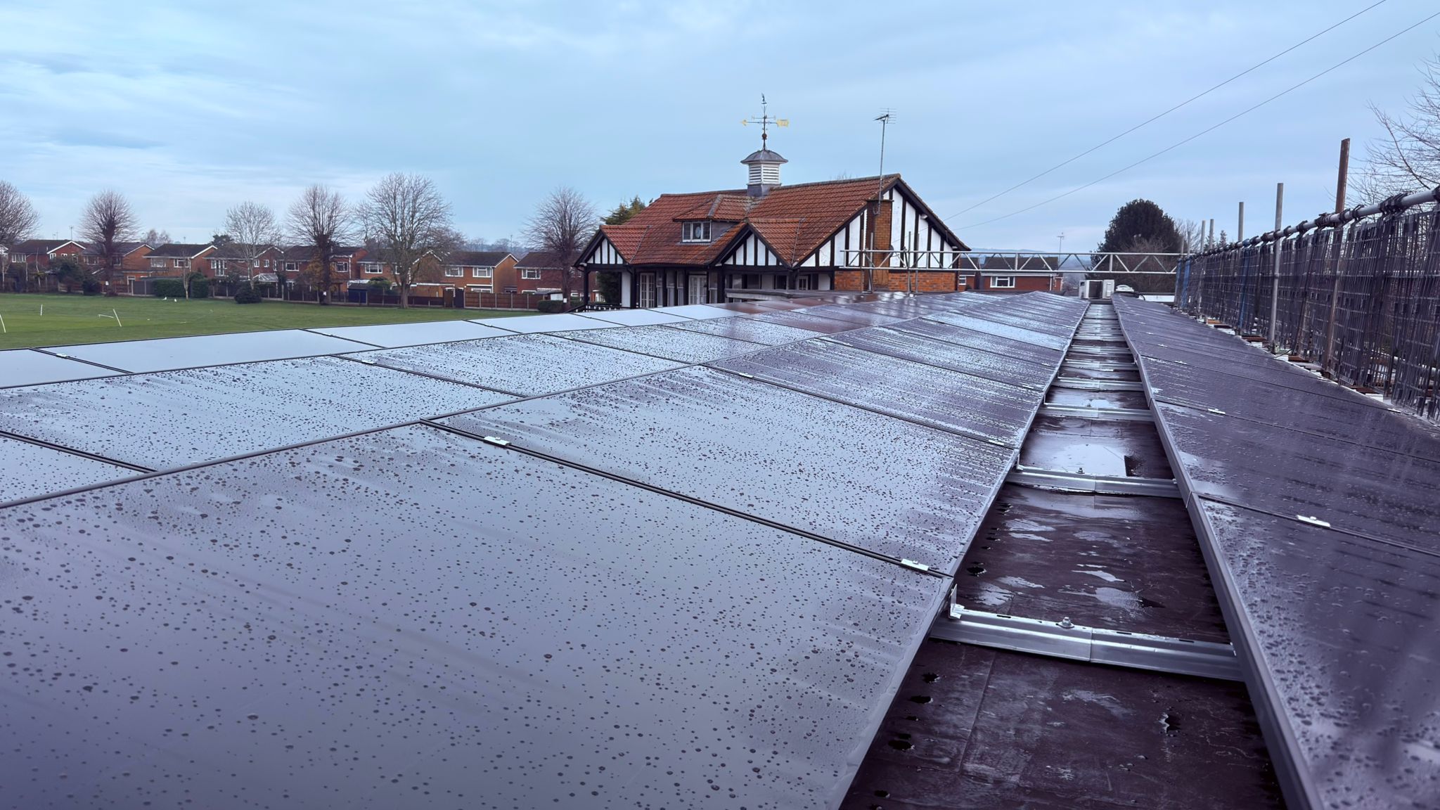 Rows of solar panels on the pavilion roof at Kidderminster Cricket Club