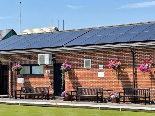 Close-up of solar PV panels on the Worcester Bowls Club clubhouse roof