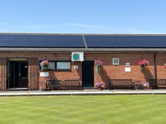 Solar panel array along the frontage of Worcester Bowls Club clubhouse