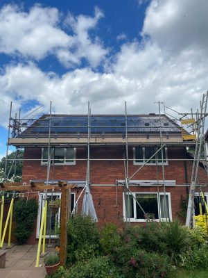 Scaffolding around a Worcestershire home while Solar Select install 14 Aiko solar panels on the roof
